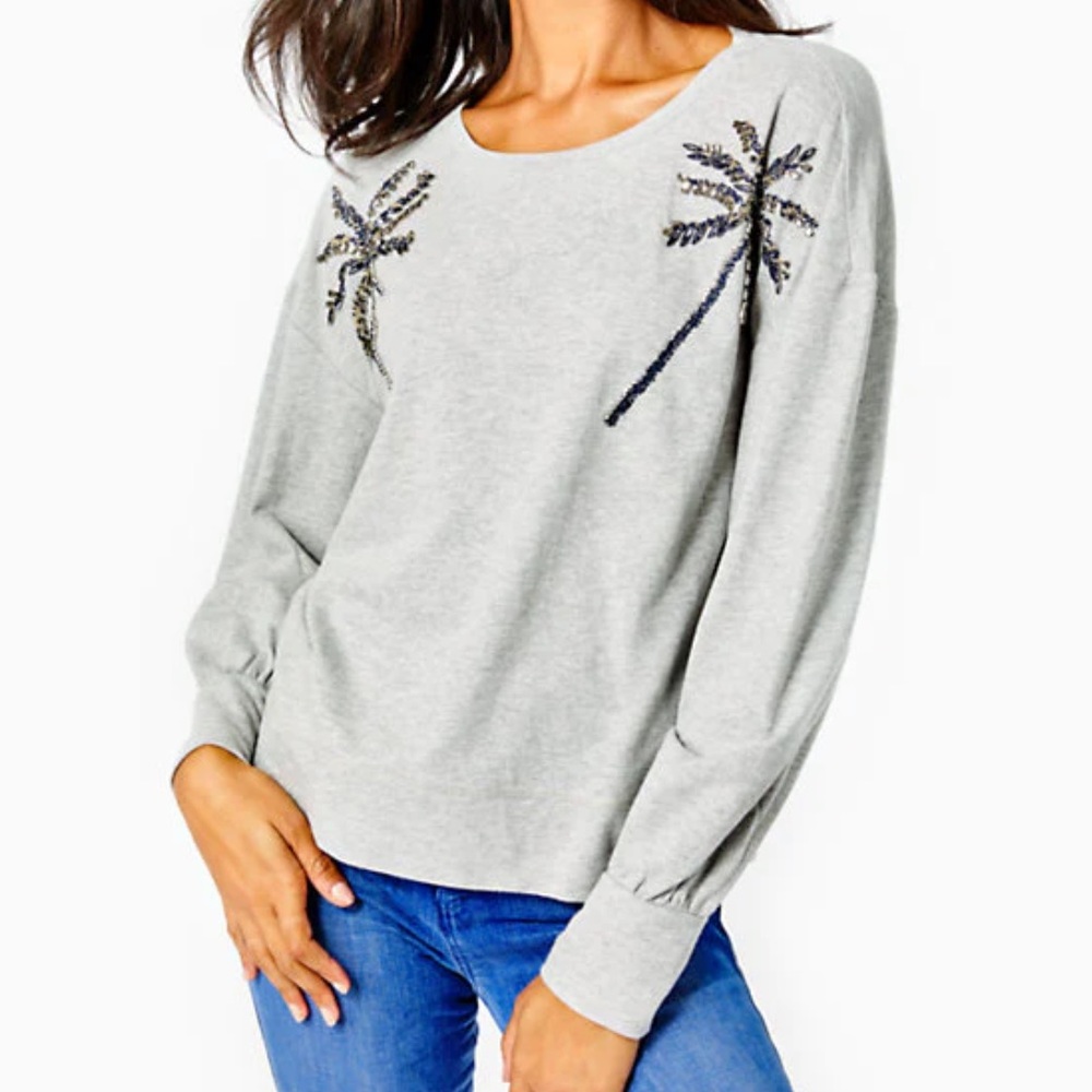 NWT Lilly Pulitzer Tippie Embellished Sweatshirt Heather Grey Size Large.